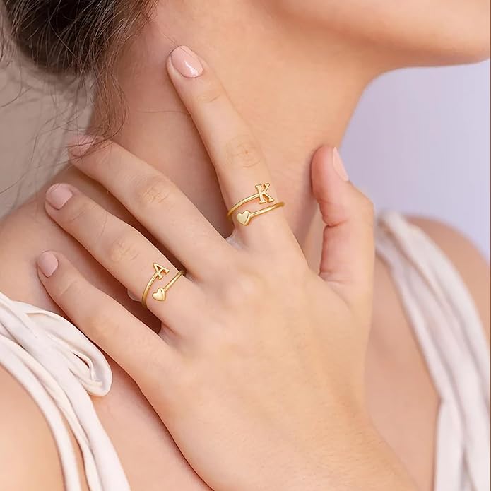 Initial Rings for Women Girls - Valentines Day Gifts for Her, Adjustable Rings for Women Non Tarnish Letter A-Z Dainty Heart Ring Teen Girls Gifts Trendy Stuff Personalized Jewelry Gift