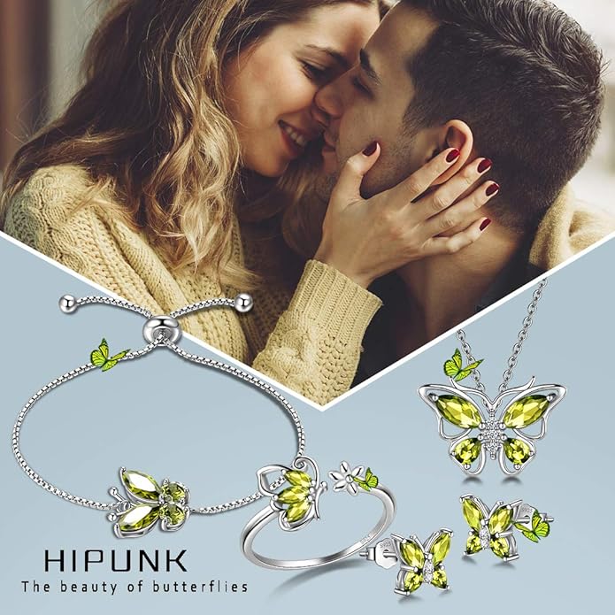 925 Sterling Silver Birthstone Butterfly Jewelry Women Crystal Animal Cute Butterflies Birthday Necklace/Earring/Ring/Bracelet Sets Birth Stone Statement Anniversary Jewellery