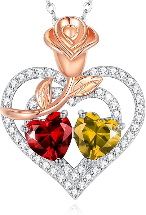 AGVANA Valentines Day Gifts Birthstone Necklace for Women Sterling Silver Rose Flower Heart Double Birthstone Jewelry Pendant Necklace Anniversary Birthday Gifts for Women Mom Wife Girlfriend Her