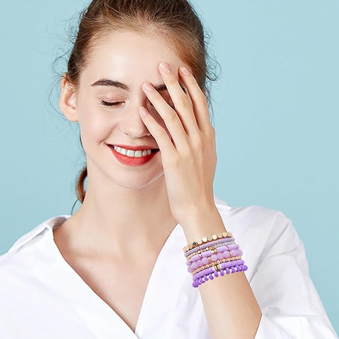 GOOJIDS Surfer Heishi Clay Bead Bracelets for Women Bohemian Stackable Gold Plated Beaded Stretch Bracelets Elastic Layering Friendship Bracelets Set Boho Jewelry