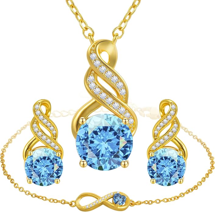 Jewelry Sets for Women-18K Gold Plated Dainty Birthstone Pendant,Trendy Necklace Earrings Infinity Bracelets Set,Ideal Jewelry Gifts for Her Mom