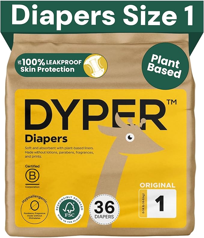 DYPER - Baby Diapers Premium Leak Protection Plant Based, Hypoallergenic Diaper for Day and Overnight Skin-Friendly Comfort | Soft Disposable Diapers (Size 1 (36 Diapers))