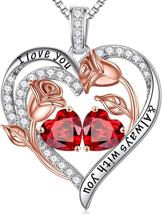 Iefil Valentines Day Gifts for Her - 925 Sterling Silver Rose Heart Birthstone Necklace Birthday Anniversary Jewelry Gifts for Her Wife Mom Daughter