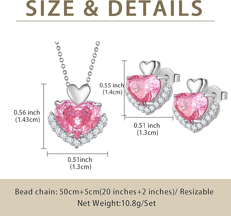 Love Heart Necklaces and Earrings with Rose Cut Birthstone Silver Plated Elegant Jewelry Set for Women CS0002