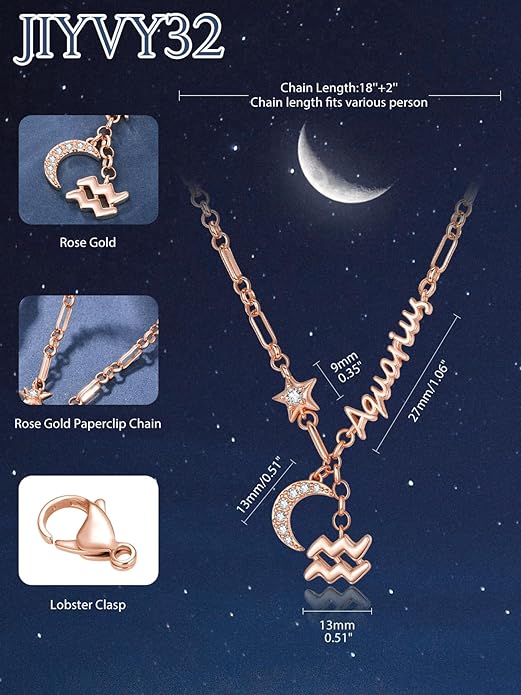 14K Gold/Rose Gold Zodiac Necklace for Women - Horoscope Constellation Pendant with Moon and Star, Luxury Birthday Gifts Jewelry for Her (12 Zodiac Signs)