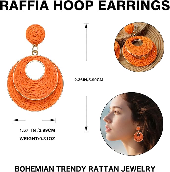 Raffia Hoop Earrings for Women - Boho Straw Wiker Dangle Drop Earrings for Summer Beach, Bohemian Trendy Rattan Jewelry