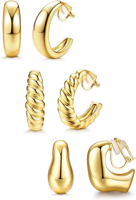 BESTEEL 3Pairs Clip on Earrings for Women Trendy Hypoallergenic 14K Gold Plated Chunky Tube Croissant Waterdrop Clip-on Hoop Earrings Set Fake Jewelry Non Pierced Ears
