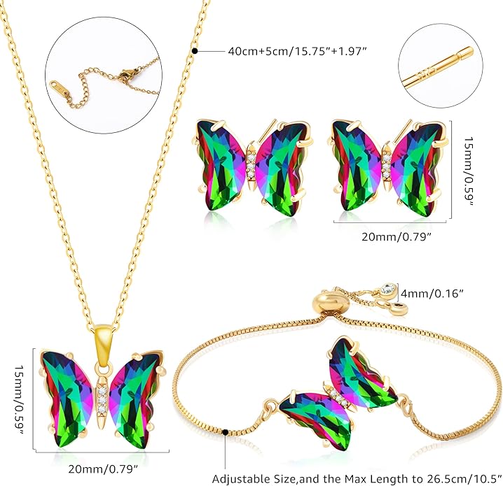 MISS RIGHT Butterfly Crystal Jewelry Set with Butterfly Necklace Stud Earrings Bolo Bracelet Adjustable Ring for Women Trendy, Iridescent Y2K Dainty Butterfly Jewelry Gifts