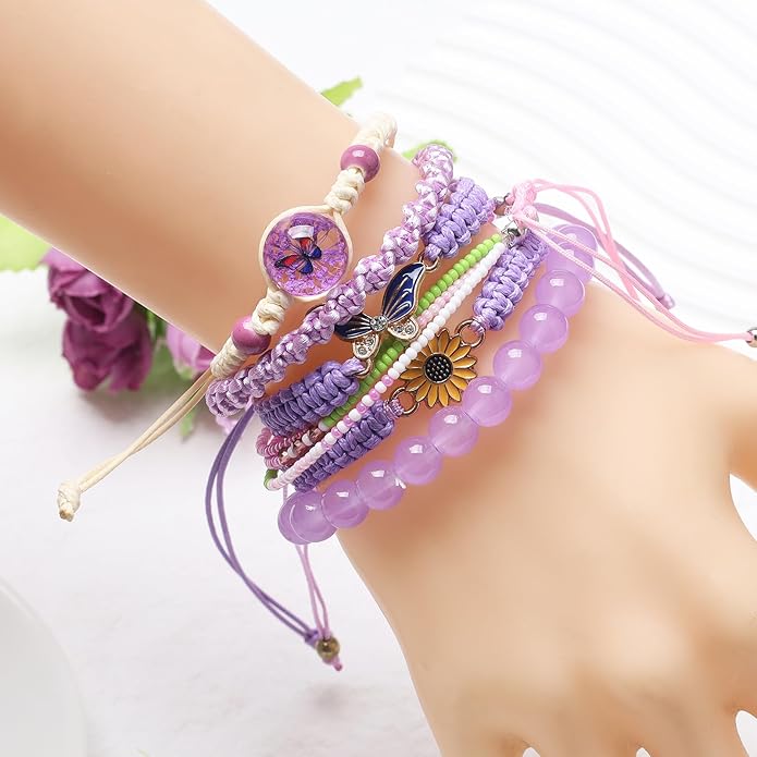 DS 6PCS String beads Charm Bracelets for Teen Girls Handmade Braided Rope Butterfly daisies Eternal flower Boho Surfer Bracelet for women Adjustable friendship Stretch birthday jewelry Gift Friends