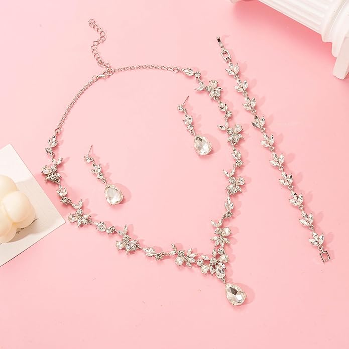 Bridal Wedding Elegant Floral Jewelry Set for Women/Brides/Bridesmaids Crystal Jewelry Set for Wedding Prom Party Bridal Crystal Necklace Earrings Bracelet Set