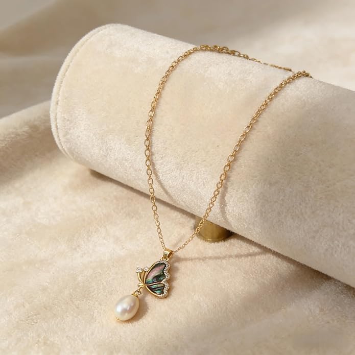 Pearl Pendant Necklaces for Women Gold, Elegant Gold butterfly Necklace for Formal Occasions-Freshwater Cultured Pearl