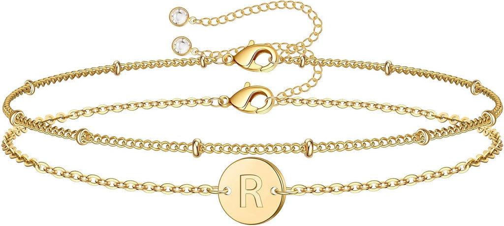 MONOZO Gold Initial Bracelets for Women Girls Valentines Day Gifts - Dainty 14K Gold Plated Layered Beaded Letter Initial Bracelet 26 Alphabet Disc Monogram Charm Bracelet Valentines Day Gifts for Her