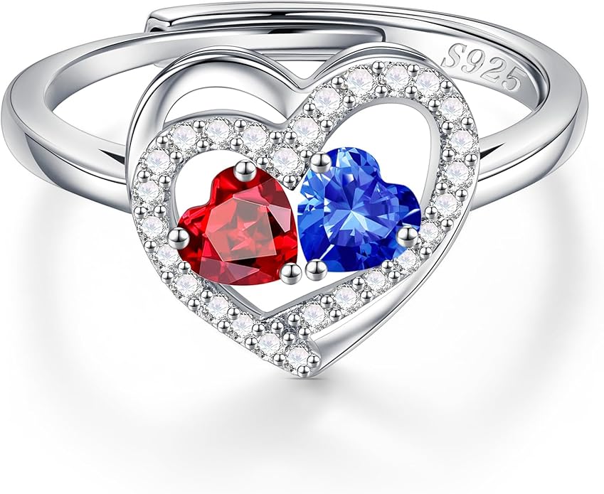 Iefil Adjustable Ring for Women - 925 Sterling Silver Double Birthstone Rings, Anniversary Birthday Gifts for Women Wife Her