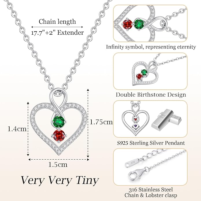 LOUISA SECRET Infinity Double Birthstone Necklace, 925 Sterling Silver Tiny Pendant Heart Necklace for Women Wife Her, Best Jewelry Gift Heart Jewelry Meaningful Gift for Valentine's Day, Christmas, Birthday Anniversary