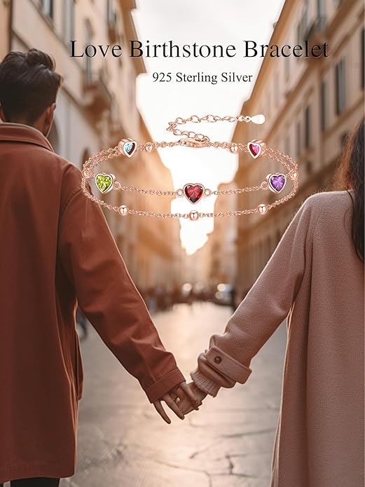 Birthstone Anklet/Bracelets for Women 925 Sterling Silver Charm Link Double Strand Heart Birthstone Jewelry Gift for Wife Women Mother's Day Gift