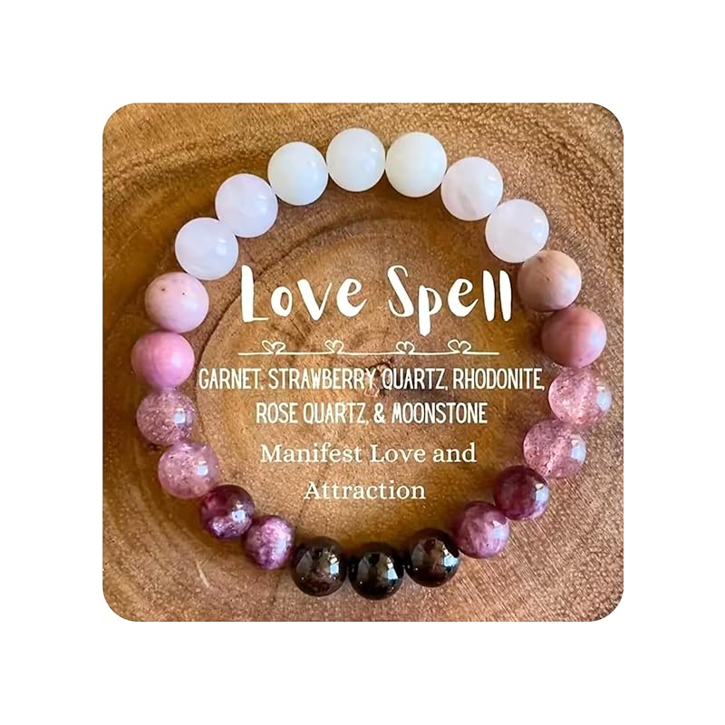 Valentines Day Gift Love Energy Crystal Bracelet for Women – Garnet, Quartz, Rose Quartz, Rhodonite & Moonstone | Gifts for Easter Basket, Birthday, Mothers Day Healing Gemstone Bracelet Gift for Her