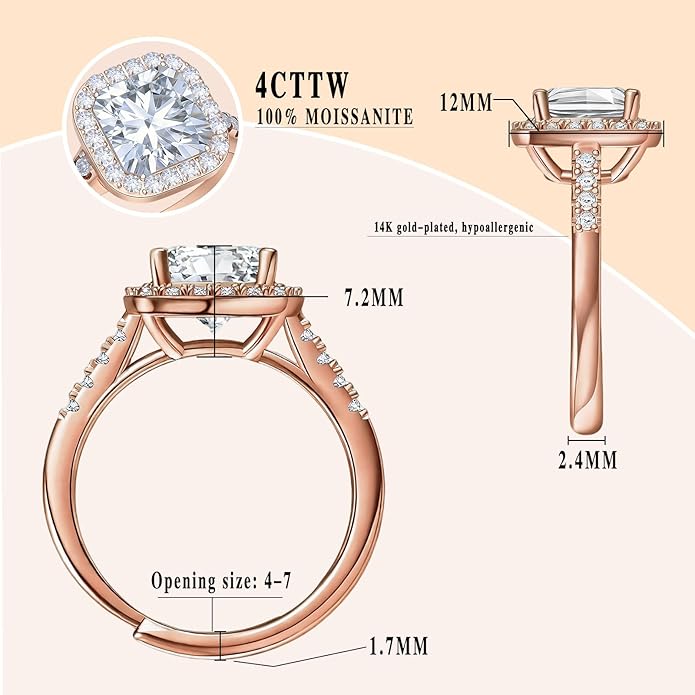Engagement Rings for Women, Wedding Band for Women，Brilliant D Color VVS1 Clarity Lab Created Rings 14K White Gold Vermeil Ring for Women Jewelry Gifts Adjustable Ring 4-10