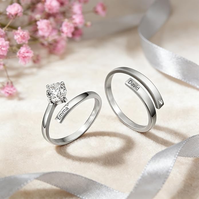 Personalized Couple Rings Engraved with Names - Adjustable Matching Promise Rings Set with Cubic Zirconia, Romantic Gift for Her/Him, Wedding, Anniversary, Valentine's Day (No Size Worry)