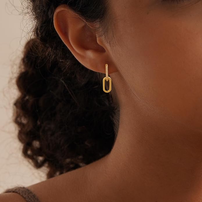 Gold Earrings for Women Trendy, Simple Dainty 14K Gold Plated Paperclip Square Chain Link Dangle Hoops Earrings Pin Stud Huggie Earrings Lightweight Hypoallergenic Minimalist Aesthetic Gold Jewelry for Christmas Gifts