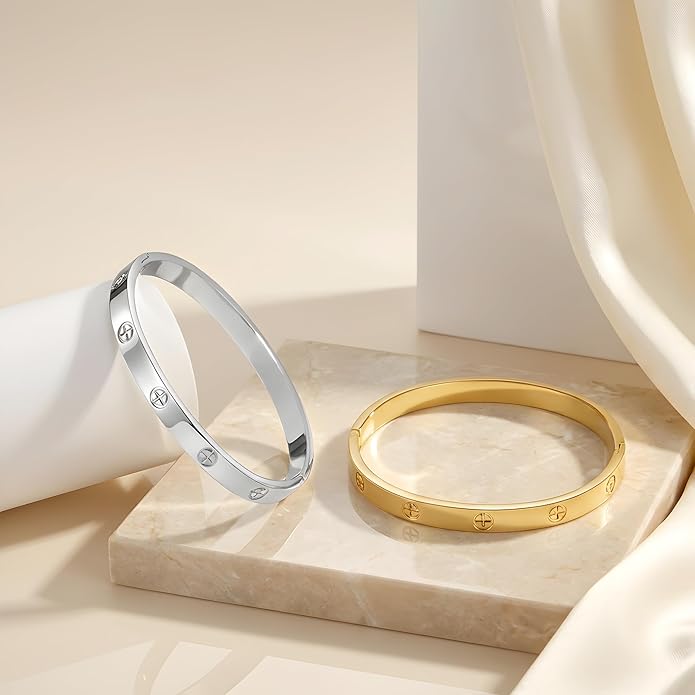 2Pcs 18K Gold-Plated Love Bangle Bracelets set for Women, Stainless Steel Cubic Zirconia Bangle Crystal Friendship Jewelry, Easter Wedding Birthday Gifts for Girlfriend, Wife, Monther