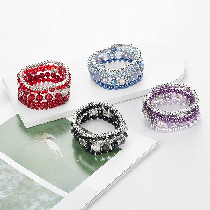 Noessla Beaded Pearl Stretch Bracelet Silver Stackable Crystal Beads Bracelets Trendy Costume Jewelry Mothers Day Gifts for Women