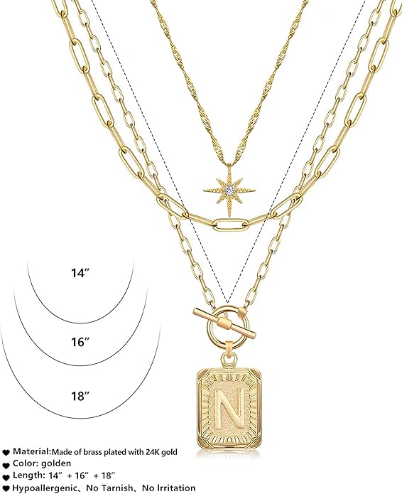 MJartoria Layered Initial Necklaces for Women Trendy, 14K Gold Plated Brass Simple Star Choker Square Letter Pendant Necklace, Paperclip Chain Necklaces Jewelry Gifts