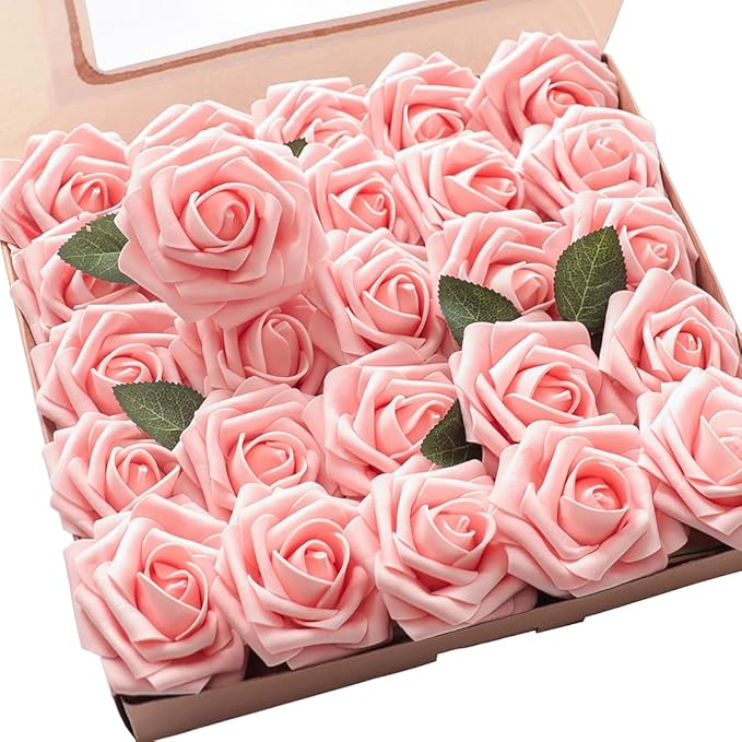 Artificial Flowers 50pcs Real Looking Peach Pink Foam Fake Roses by Floroom