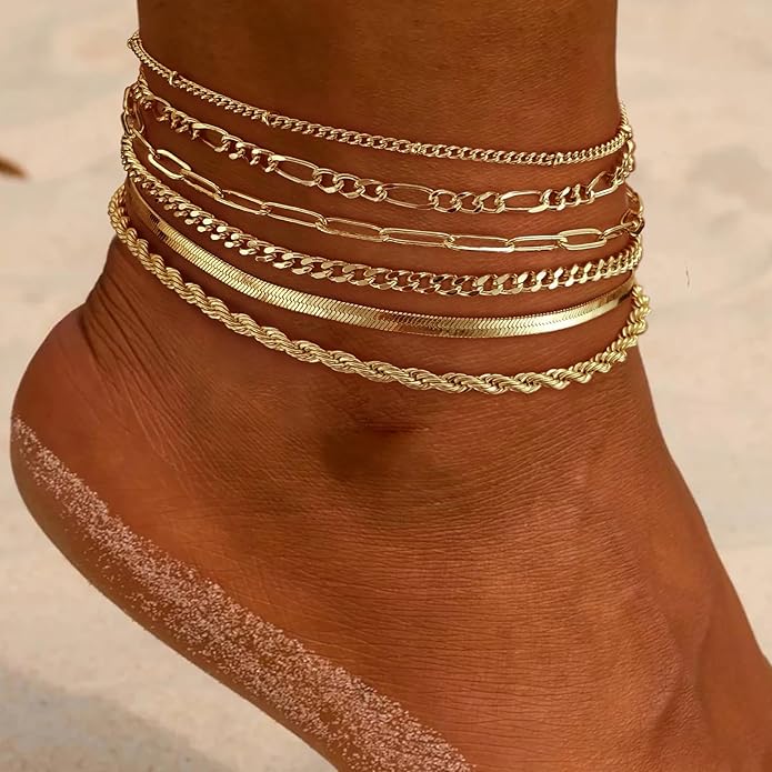 Anklets for Women 14K Gold Silver Plated Ankle Bracelets Trendy Waterproof Boho Anklets Set Adjustable Dainty Cute Diamond Beaded Heart Non Tarnish Summer Beach Jewelry Gift