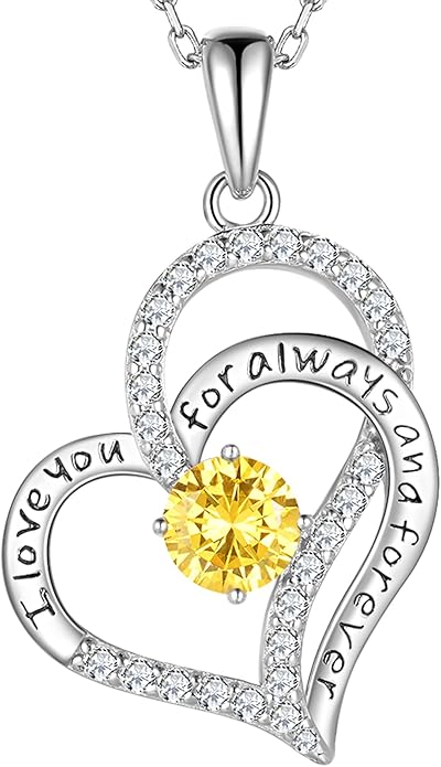 Birthday Gifts Double Heart Birthstone Necklace for Women, S925 Sterling Silver Pendant Necklace Jewelry for Her Mother Mom Wife Girlfriend