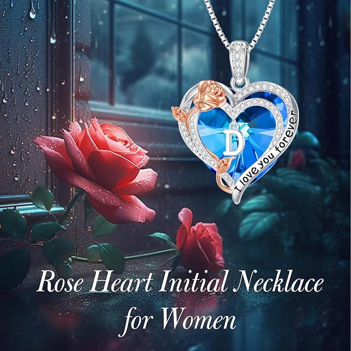 PELOVNY Rose Heart Initial Necklaces for Women S925 Sterling Silver Alphabet Letter Crystal Necklace Initial Pendant Jewelry Gifts for Mom Daughter Wife