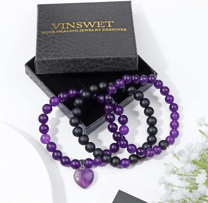Healing Crystal Beaded Bracelets for Women,Natural Amethyst Gemstones Bracelet,Anxiety Stress Relief Heart Charm Bracelet Handmade purple Jewelry Gifts for Women