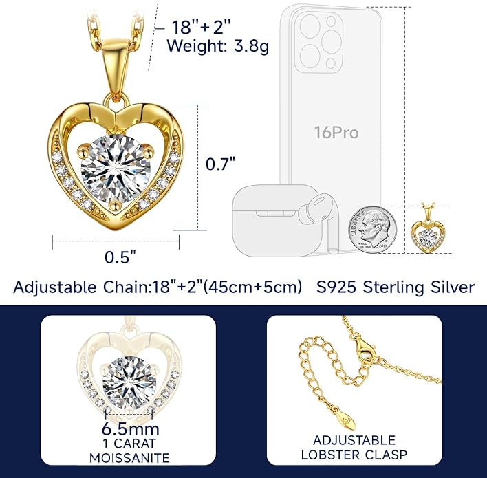 MomentWish Heart Necklace for Women Moissanite, Simulated Diamond, 925 Sterling Silver