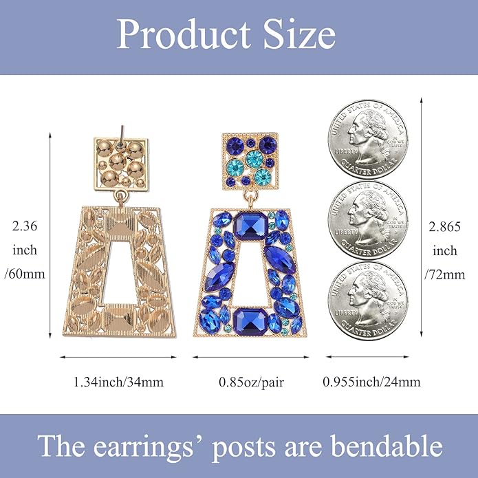 Rhinestone Rectangle Statement Earrings Colorful Crystal Geometric Drop Dangle Earrings for Women Prom Party