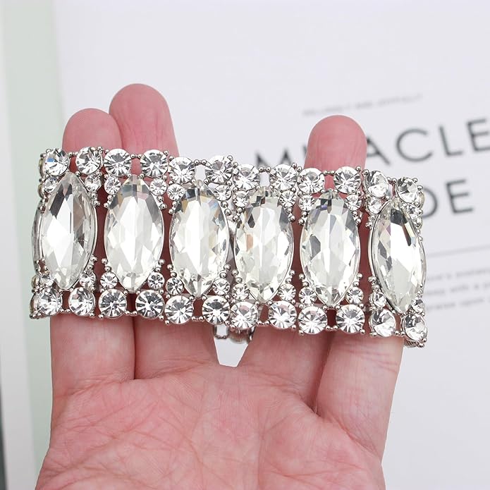 Women’s Elegant Wedding Bridal Crystal Double Row Marquise-Shape Leaf Stretch Bangle Bracelet Bride Jewelry for Women