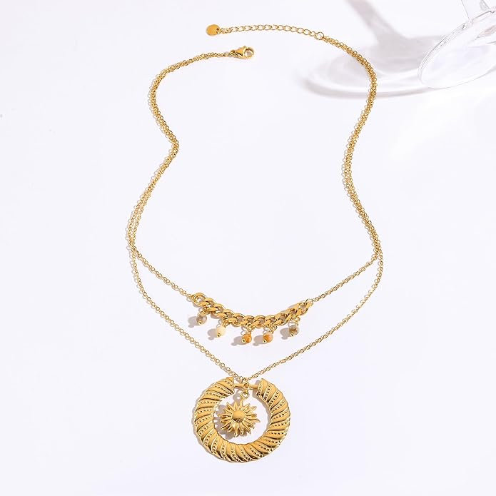 Gold Necklace for Women, Dainty 14K Gold Plated Layered Sun Pendant Necklace Gold Charm Chocker Jewelry Gift for Her