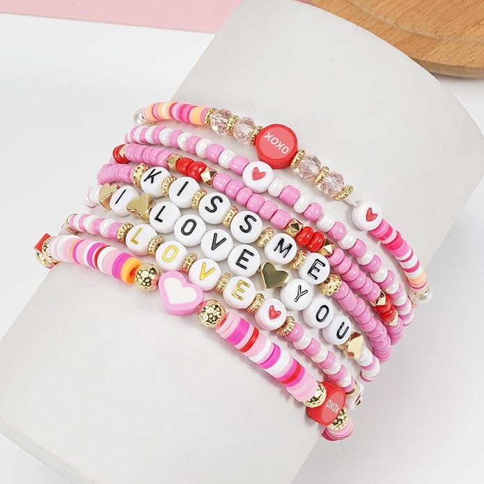 Beaded Bracelet for Women Pink Love Heart Stretch Bracelets Accessories
