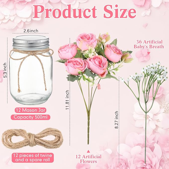 12 Sets Mason Jar Flowers Centerpiece Table Decorations, Coral Pink | Faux - Image 4