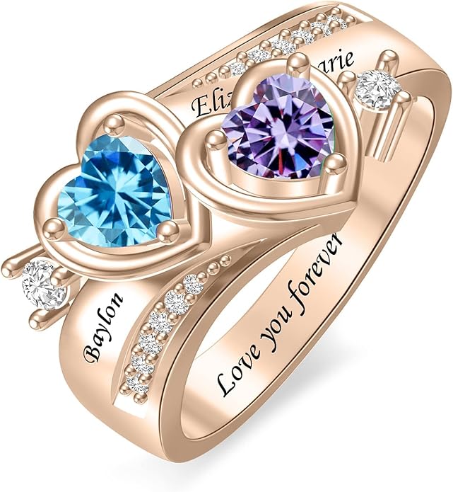 Personalized Heart Birthstone Rings for Women with 2 Birthstones Custom Name Rings for Couple Mother Daughter Jewelry Gift for Mother Her Christmas