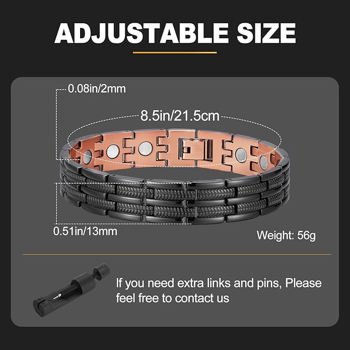 BioMag Copper Bracelet for Men 99.9% Pure Copper Magnetic Bracelet with Powerful Neodymium Magnets Adjustable Box Gift（Sizing Tool）