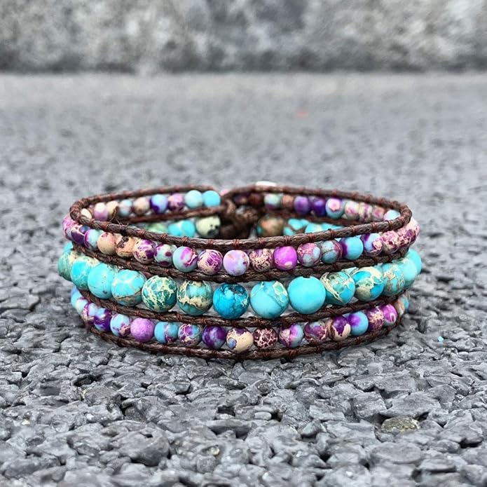 YGLINE Boho Handmade Natural Stone Bead 3 Row Wide Wrap Wrist Statment Bracelet Jewelry Collection