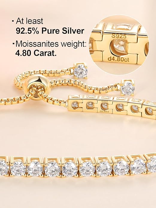 2mm/3mm Moissanite Adjustable Tennis Bracelet for Women, Authentic Solid 925 Sterling Silver, 5.5-7.5inch (14-19cm) with 2cm Extender Chain, Birthday Valentines Wedding Anniversary Ideal Gift for Her