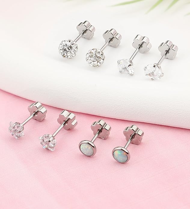 4Pairs 14K Gold Stud Earrings for Women Girls 316L Stainless Steel Hypoallergenic Earrings 20G Flat Back Handmade Nap Earrings Cute Screw Back Opal Heart Star Cartilage Earrings