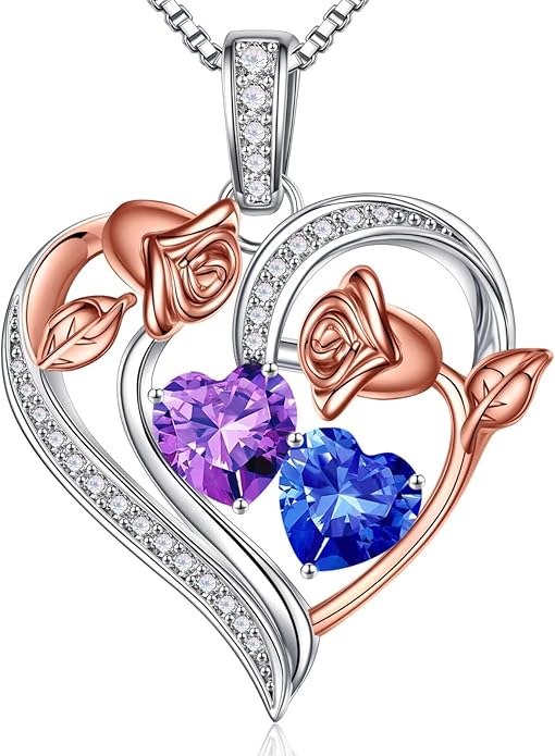 Iefil Valentines Day Gifts for Her - 925 Sterling Silver Rose Heart Necklace, Birthstone Jewelry, Anniversary Birthday Gifts for Wife Girlfriend Mom Daughter