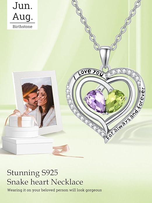 Valentine's Day Gifts for Wife 925 Sterling Silver Double Birthstone Pendant Necklaces I Love You for Always and Forever Necklace Anniversary Birthday Gifts for Wife Girlfriend Mom Her