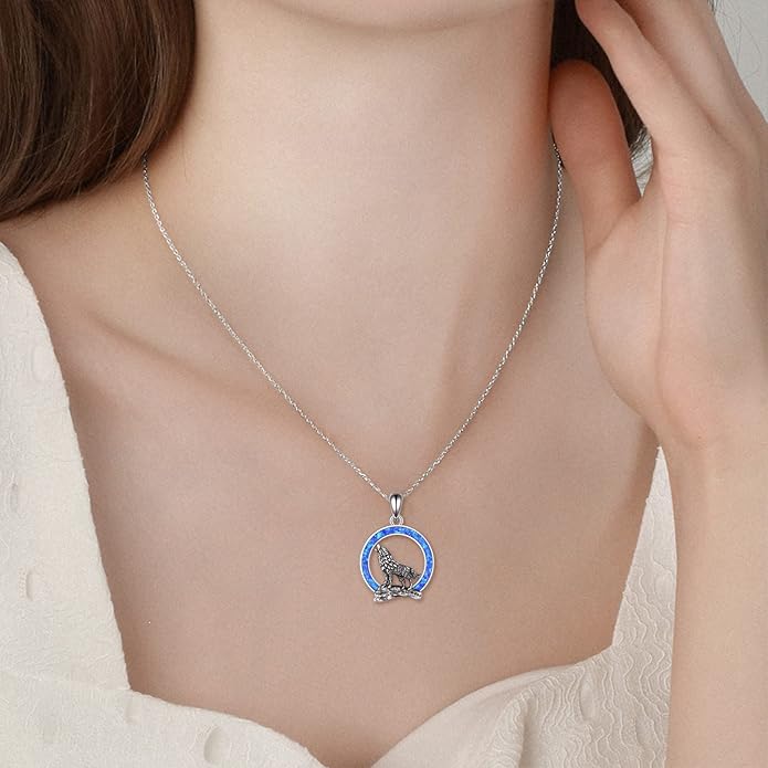 YFN Wolf Necklace Gifts for Men Women Sterling Silver Opal Moon Wolfs Jewelry Birthday 18+2"