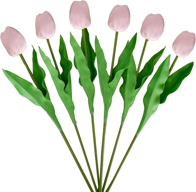 Mandy's 6pcs Artificial Light Pink Tulips | 17.7 Inch Lifelike PU Tulips Faux by Mandys