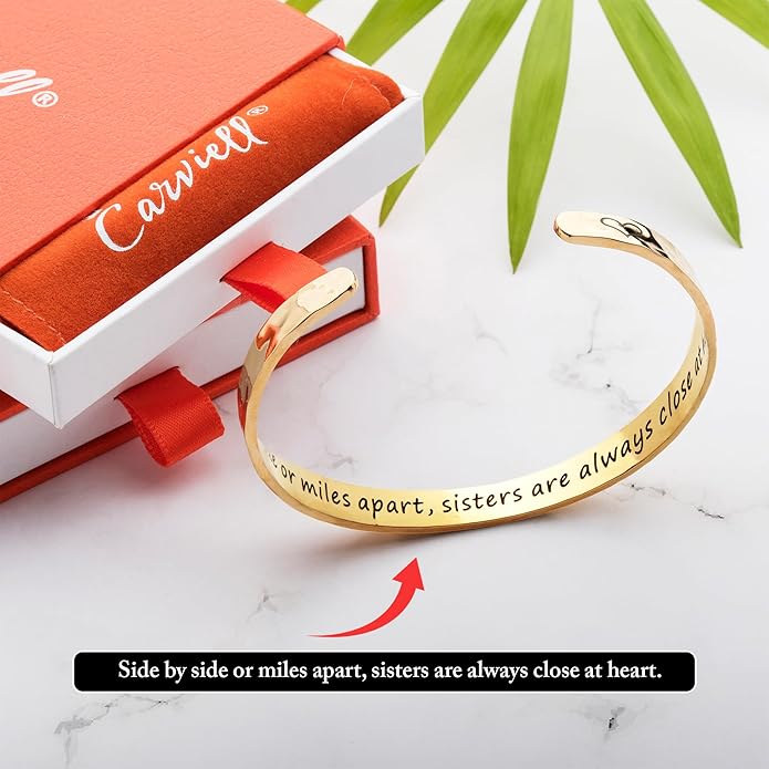 Carviell Engraved Cuff Bracelets for Women – Inspirational, Friendship, Love, Mom, Daughter, Sister, Christian, Graduation, Memorial & Wedding Gifts – 80+ Phrases – Stainless Steel, Gift-Ready