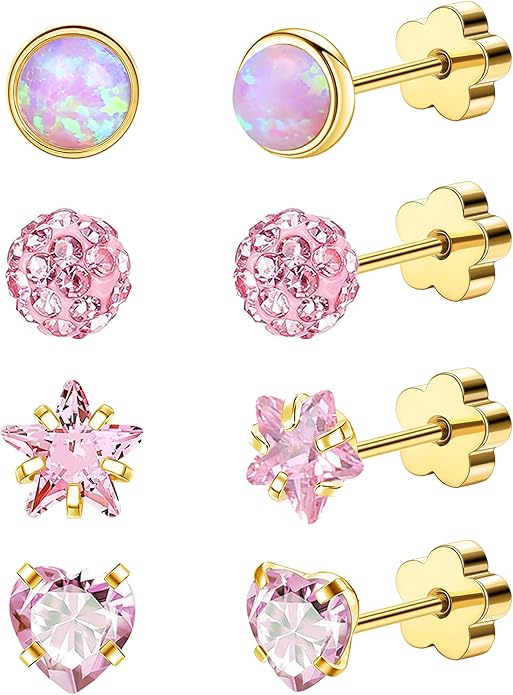 4Pairs 14K Gold Stud Earrings for Women Girls 316L Stainless Steel Hypoallergenic Earrings 20G Flat Back Handmade Nap Earrings Cute Screw Back Opal Heart Star Cartilage Earrings