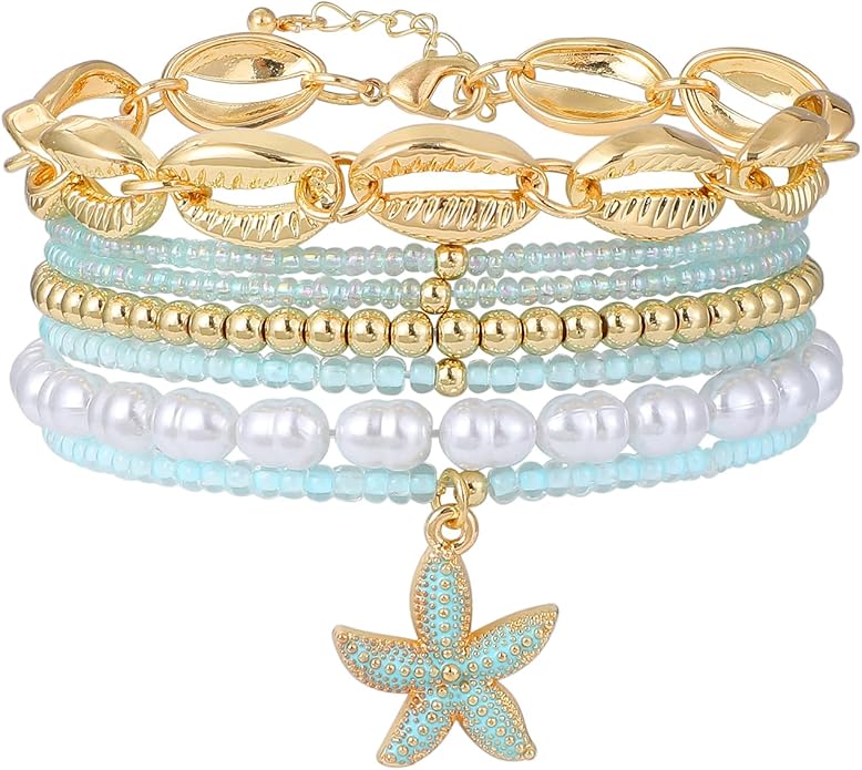Shell Bracelet Seashell Boho Beaded Stretch Bracelets for Women Summer Beach Bracelets Starfish Charm Bracelet Stackable Gold Plated Bracelets Set for Women