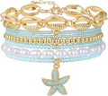 Shell Bracelet Seashell Boho Beaded Stretch Bracelets for Women Summer Beach Bracelets Starfish Charm Bracelet Stackable Gold Plated Bracelets Set for Women